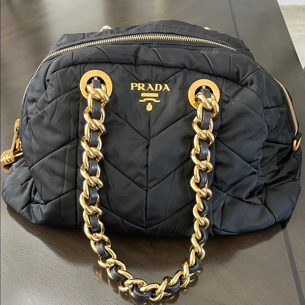 Prada Black Quilted Shoulder Bag with Gold Chain